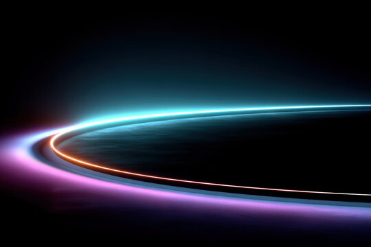 Open C-shaped thin chrome loop floating, cyan-purple reflections on dark background