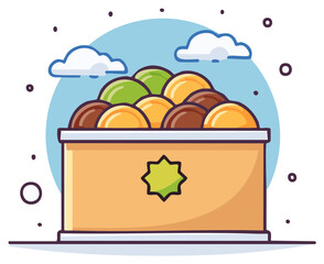 Fototapeta premium Cartoon illustration of a box filled with colorful spherical treats under clouds.