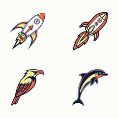 Rocket Launch, Eagle and Dolphin Mascot Icons 
