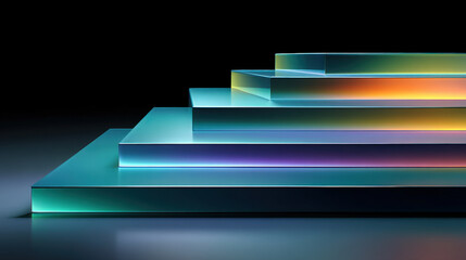 Stepped liquid chrome ribbon with five offsets, reflecting teal-to-violet gradients