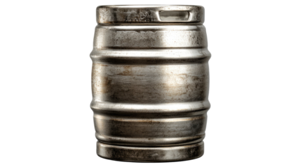 Used metal beer keg barrel with worn stainless surface brewery storage container studio closeup isolated on white background