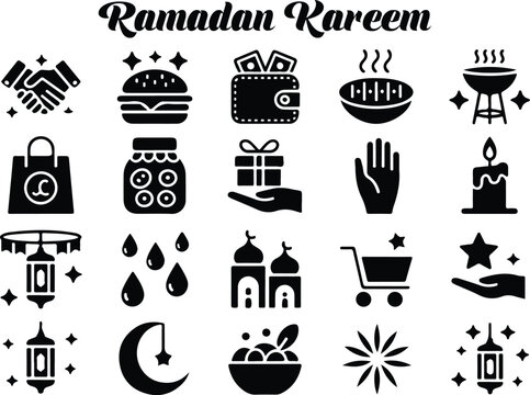 Ramadan Kareem Icon Set with Islamic Charity, Iftar, Mosque and Lantern Symbols