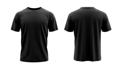 A realistic rendering of a black short sleeved t shirt front and back views