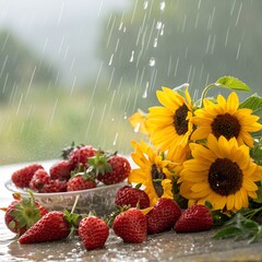 Sunflowers and strawberries under summer rain, vivid colors, clean beautiful background