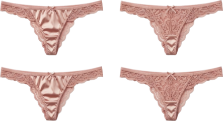 Four pairs of elegant pink lace and satin thongs showcasing delicate lingerie design and intimate apparel.