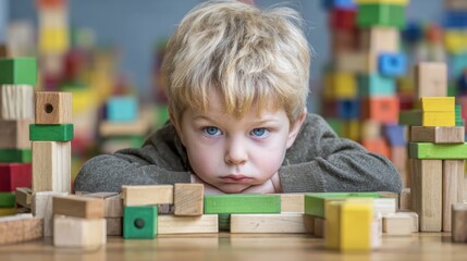 Young Boy with Blonde Hair Resting Head on Table Surrounded by Colorful Wooden Blocks in Playroom