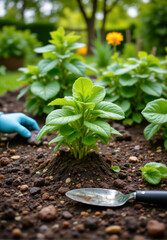 Gloved hands gently working the soil as first green sprouts emerge. Gardening and agriculture scene symbolizing care, growth, cultivation and new life.