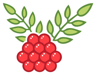 Stylized Rowen Berry Cluster with Green Leaves Branch, Simple Line Art Icon