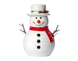 Cheerful snowman with top hat, scarf, and carrot nose