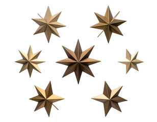 Arrangement of seven metallic, pointed star shapes on black