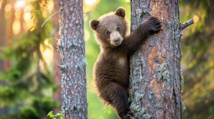 Young Brown Bear Cub Climbing Tree in Forest During Sunset