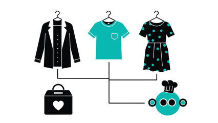 Clothing items are connected to a shopping bag and a chef's hat icon.