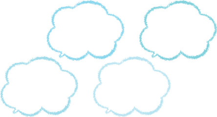 青系のクレヨンで描いた吹き出しセット。雲の形をしたかわいい手描き風のふきだし。青系の異なる色が4色ある。