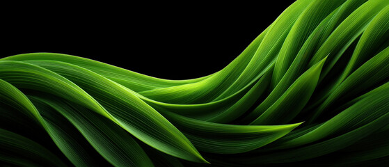 Glowing green leaf-segment ribbon wave, sustainable energy concept on black backdrop