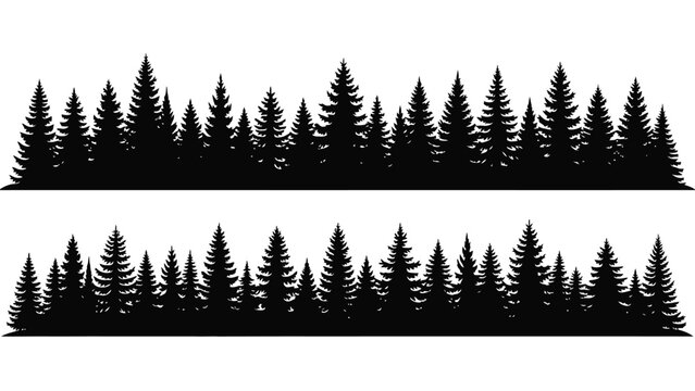 Silhouetted evergreen forest line against a stark white backgroundscape