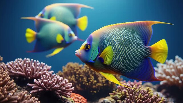Vibrant angelfish glide through coral reef, a dazzling underwater ballet of color and movement. 4k high quality footage