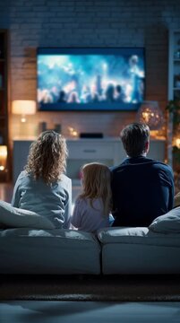 Family watching TV together on sofa in cozy living room, vertical video  