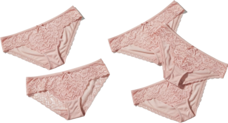 Four pairs of womens light pink lacetrimmed underwear neatly arranged on a white background.