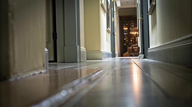 Vintage museum hallway with mysterious creepy painting concept. A small rodent is scurrying along a dimly lit corridor. 