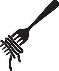 Minimalist black fork silhouette with white spaghetti noodles on plain background, elegant food concept in high-contrast design