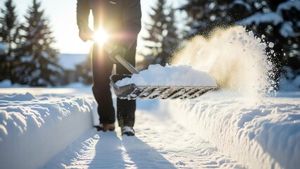 Man shoveling snow on a winter sidewalk