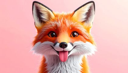 Fototapeta premium A charmingly cute and playful cartoon fox, with its friendly face and happy expression, peeks out against a soft pink backdrop, inviting warmth and joy in a delightful illustration