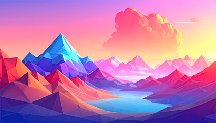 Vibrant Low Poly Landscape with Mountains and Pastel Sky.