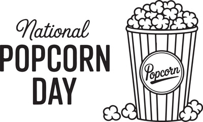 National popcorn day text banner. Handwriting text and popcorn bucket line art continuous. Hand drawn vector art