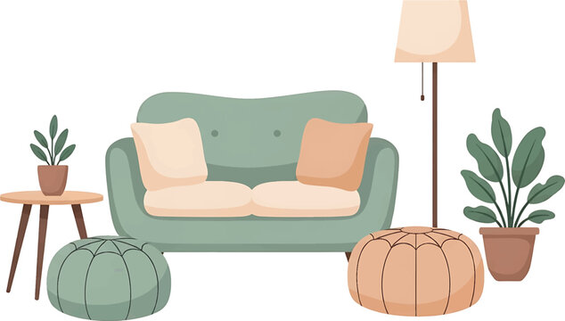Flat lay of a cozy living room setup with a green couch, poufs, plants, and a lamp on a white background.