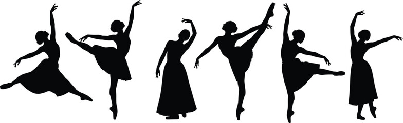Ballet dancer silhouettes, elegant poses, classical movement, dance art, black figures, flexibility, grace, arabesque  © Masud