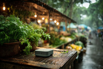 Payment terminal on outdoor market counter under canopy with rain and blurred fresh produce