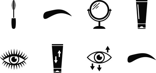 Eye makeup icon set, beauty product silhouette, cosmetic tool vector, black design, skincare illustration, lash and brow concept