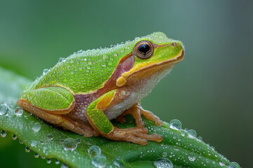 Naklejka premium Vibrant green tree frog resting on wet leaf with glistening raindrops in natural habitat