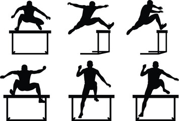 Vector Silhouette Collection of Athletes in Various Poses Running and Jumping Over Hurdles, Representing Athletics, Training, and Overcoming Obstacles.