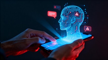 Hands using smartphone with digital brain