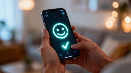 Person holding smartphone with smiley face