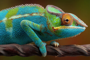 Obraz premium Vibrant chameleon perched on twisted branch with detailed textured scales and dramatic lighting