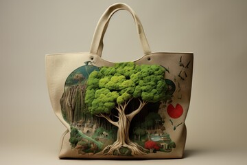 Textile tote bag displaying a thriving tree and green landscape, symbolizing sustainability and eco consciousness