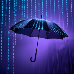 Digital Rain & Umbrella: Binary Code Falling Through Futuristic Purple Sky, Illuminated by Glowing 1s and 0s &mdash; Cybernetic Weather Scene.