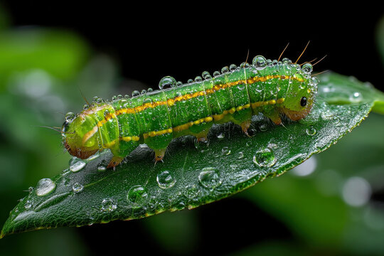 Close-up of green caterpillar with yellow stripes crawling on leaf edge with dew drops