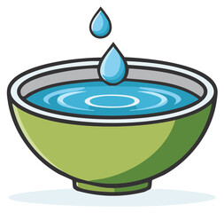 Vector illustration of clean water droplets falling into a green ceramic bowl creating ripples