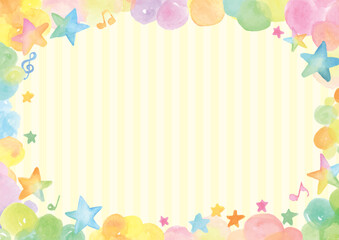 Watercolor colorful circles and star notes fairytale yellow striped background