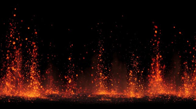 Bright sparks and fiery embers shoot upwards from a dark surface showcasing the power of volcanic activity. The scene displays the dynamic flow of molten material.