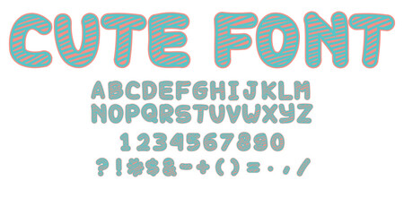 Cute font doodle drawing style capital letters, numbers, punctuation. for fun print or vlog design. Kids or teenager scrapbook style