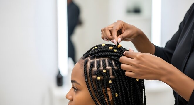 Professional hair stylist expertly braiding intricate box braids with decorative beads on a client for a beauty and style concept