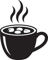 Steaming hot chocolate icon with marshmallows in black mug