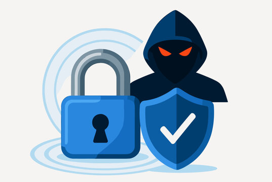 Cybersecurity Concept with Hacker, Padlock, and Shield Protection