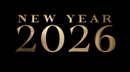 Elegant gold lettering announces the arrival of New Year 2026 against a stark black background