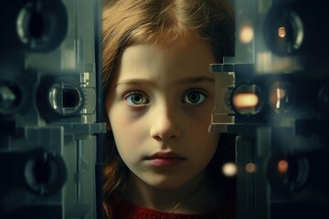 Girl's serious face during an eye examination using an ophthalmic refractor