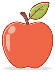 Bright red cartoon apple graphic with a crisp green leaf and brown stem symbolizing healthy food